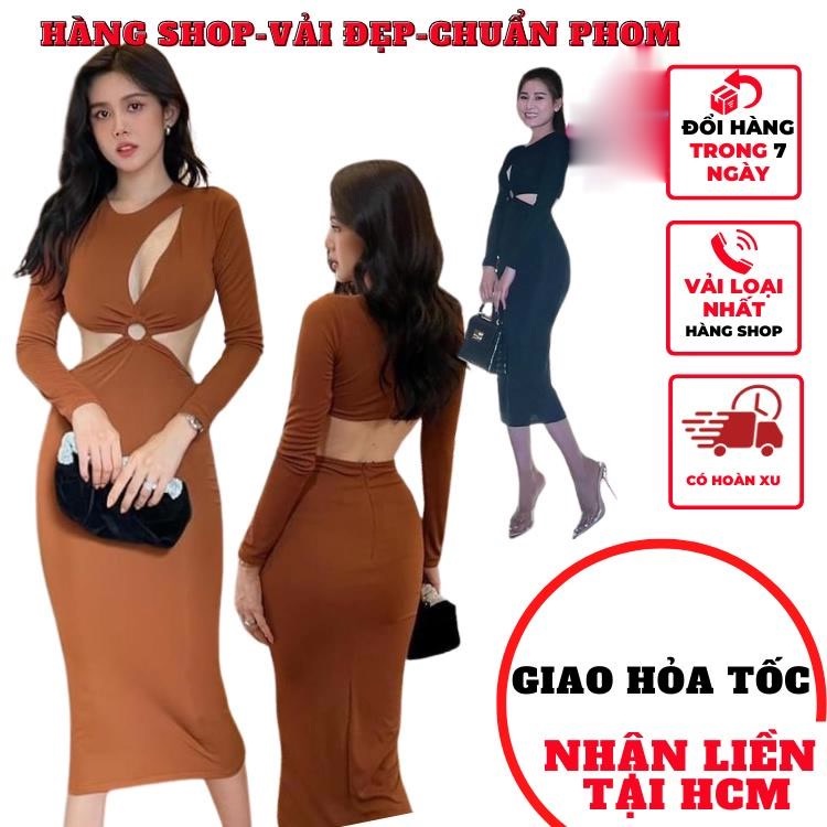 Váy đầm khoét ngực hở eo lưng  nữ dáng dài tay dài ôm body màu đen sang chảnh hàn quốc dự tiệc alohashop91