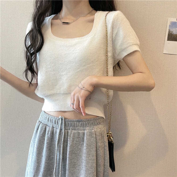 Áo len BH tay ngắn cổ vuông thiết kế thời trang cao cấp cho nữ
