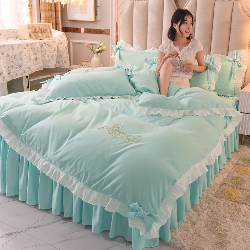 Korean Princess Feng Shui washed cotton bed skirt four piece set net red bow embroidered quilt cover lace bedspread bedding N8Zb