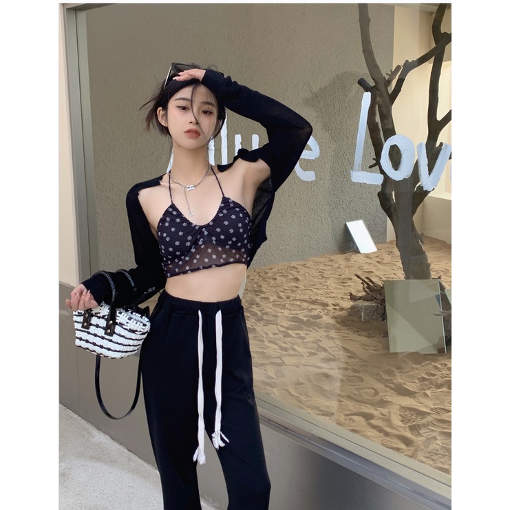 Set Áo Hai Dây Và Áo Khoác cardigan Họa Tiết Hoa Phong Cách Hàn Quốc Thời Trang Mới Cho Nữ