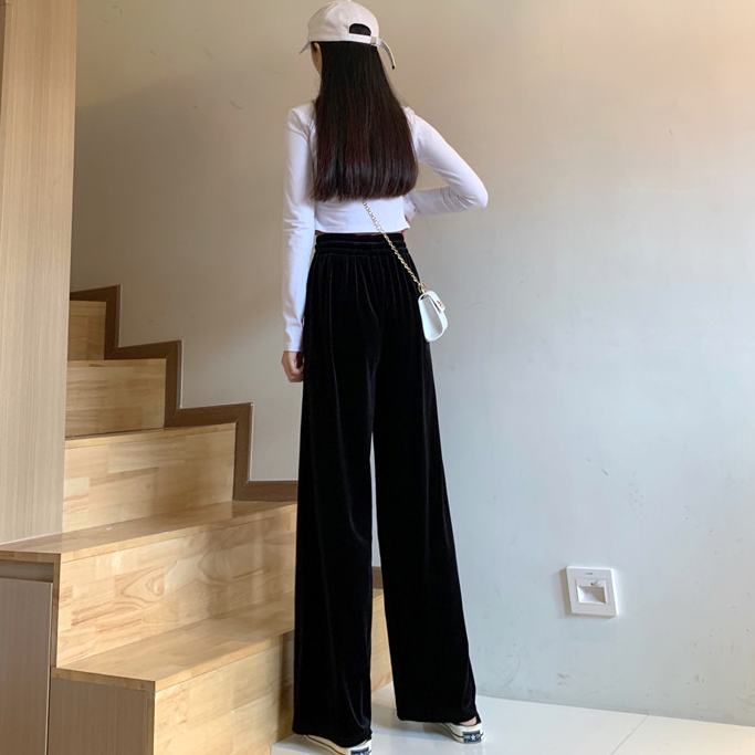 Quần Nhung Đen Ống Rộng Lưng Cao Phong Cách Hàn Quốc Thời Trang Mùa Xuân Cho Nữ