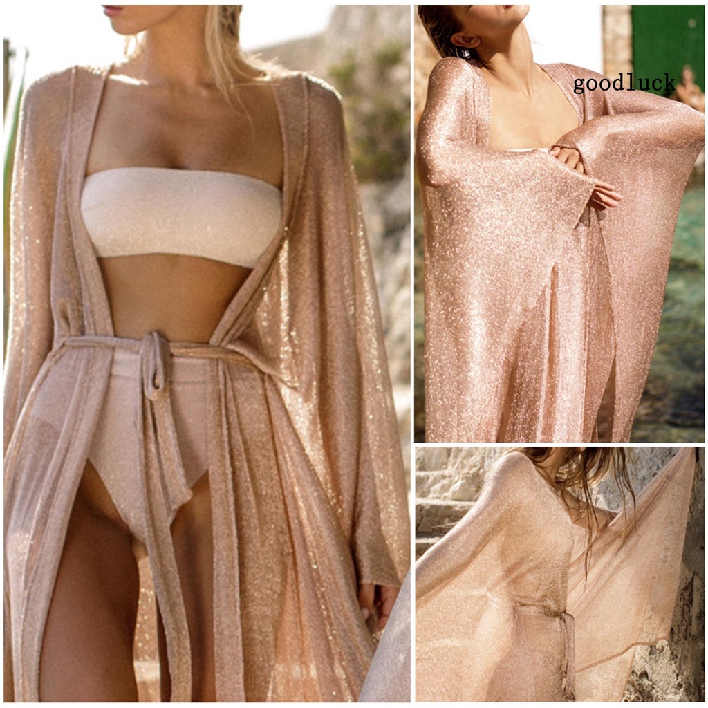 Áo Khoác Cardigan Tay Dài Chống Nắng Phối Lưới Sáng Bóng Thời Trang Đi Biển Quyến Rũ Cho Nữ
