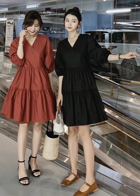Đầm cổ V tay lỡ 2 màu (kèm hình thật) | BigBuy360 - bigbuy360.vn