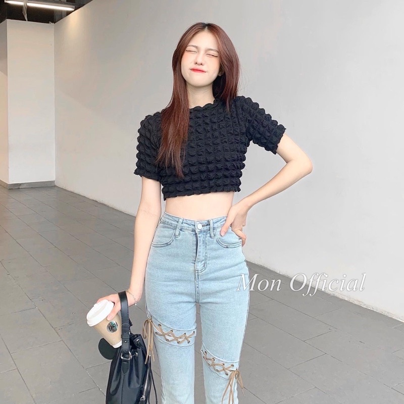 Áo Croptop Chất Caro Xốp Nữ Thun kiểu body cộc tay dáng ôm viền bèo tiểu thư đường phố hàn quốc