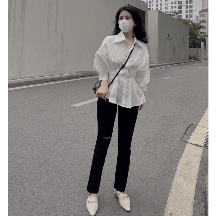 Áo Sơ Mi Trắng Nhún Eo Xinh Xắn (Hình Thật) Áo Sơmi Kiểu Chiết Eo Ulzzang Bánh Bèo