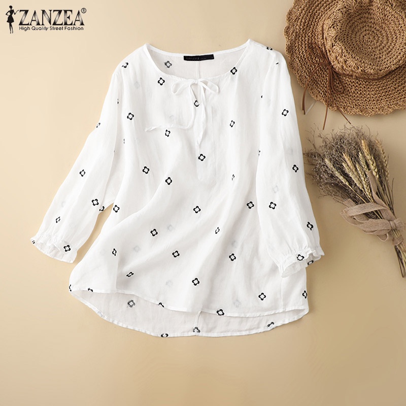 Zanzea Áo Cotton Tay Dài Cổ Tròn Thêu Họa Tiết Phong Cách Retro Thời Trang Cho Nữ