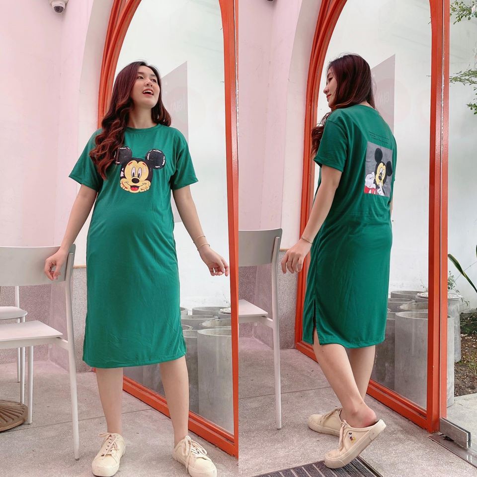 Đầm thun mickey suông cổ tim