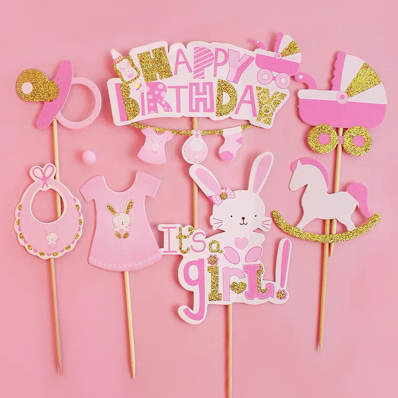 Set que cắm It's girl + thỏ + HPBD quần áo hồng - Phụ kiện trang trí bánh sinh nhật