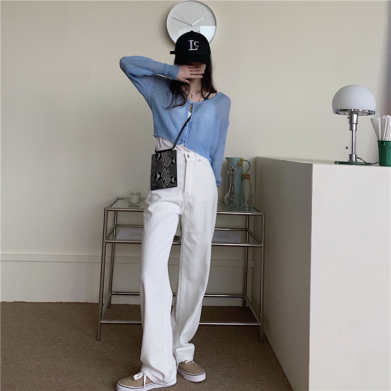 Xiaozhainv Quần Jean Nữ Ống Rộng Lưng Cao Phong Cách Vintage Hàn Quốc