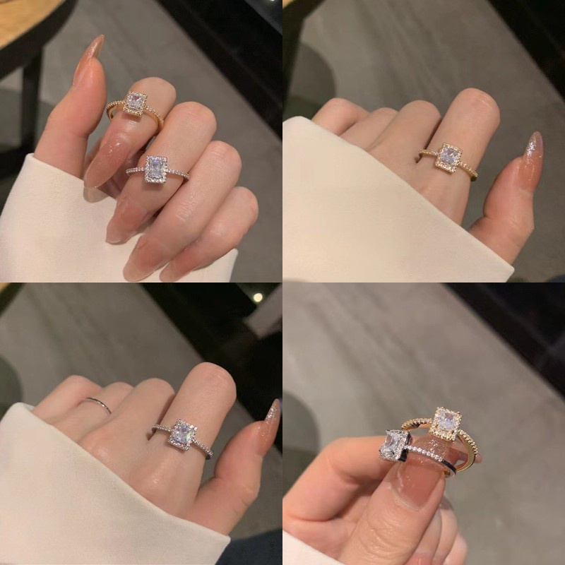 【kifli】Nhẫn Hở Đính Đá Zircon Hình Vuông Có Thể Điều Chỉnh Phong Cách Hàn Quốc Tinh Tế Cho Nữ