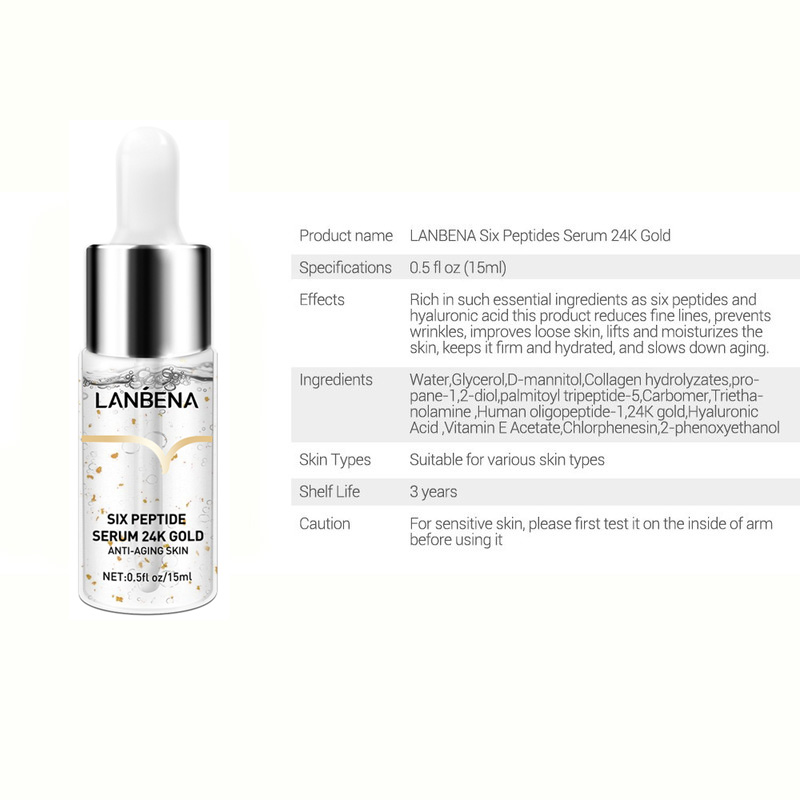 Serum LANBENA sáu peptide vàng 24K chống nhăn nâng cơ làm săn chắc dưỡng ẩm và làm trắng da 15ml