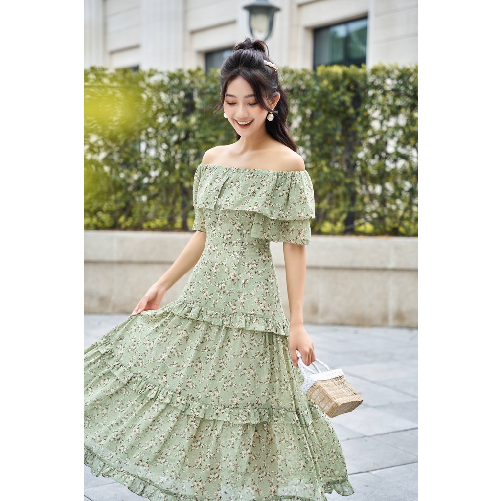 Váy hoa nhí xanh trễ vai chất tằm cao cấp 2 lớp đi du lịch YAME