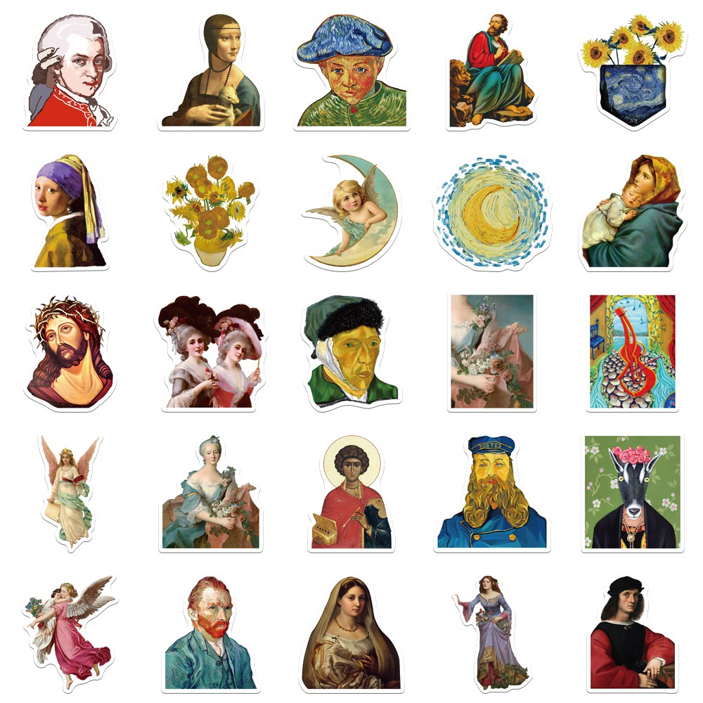 Bộ 50 miếng sticker dán trang trí laptop hình tranh sơn dầu Mona Lisa