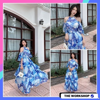 Đầm maxi đi biển dáng dài cổ yếm hở vai váy nữ vải tơ hoạ tiết bầu trời in thiết kế mặc đi chơi nghỉ mát resort dự tiệc