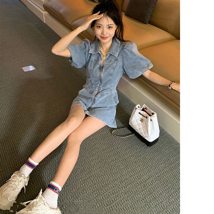 Đầm Denim Tay Phồng Ôm Eo Thời Trang Mùa Hè 2023 Phong Cách Pháp Mới Cho Nữ