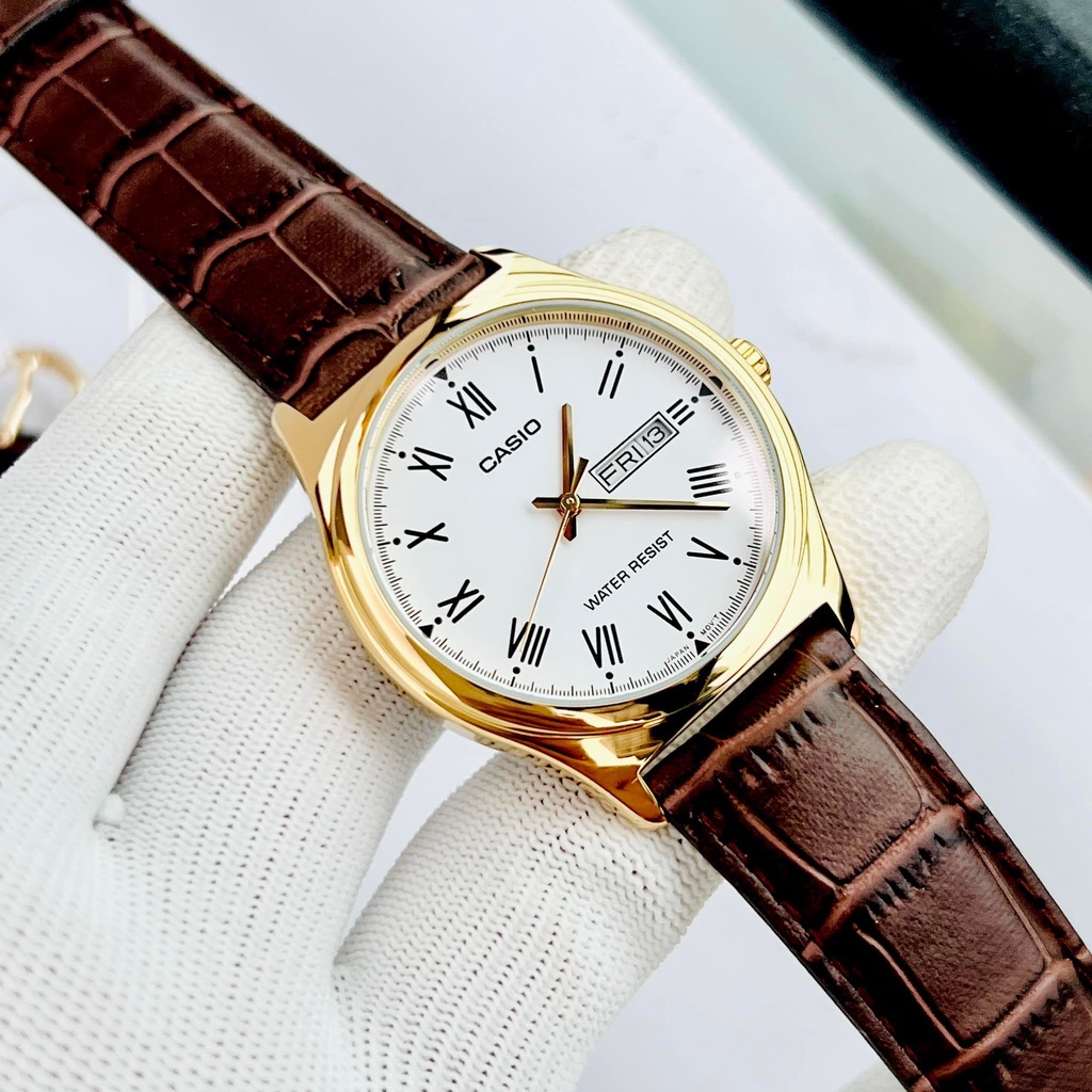 Đồng hồ nam nữ dây da Casio V006GL-7B Mặt trắng viềng vàng - Kính khoáng chống nước Bảo hành 1 năm Hyma watch