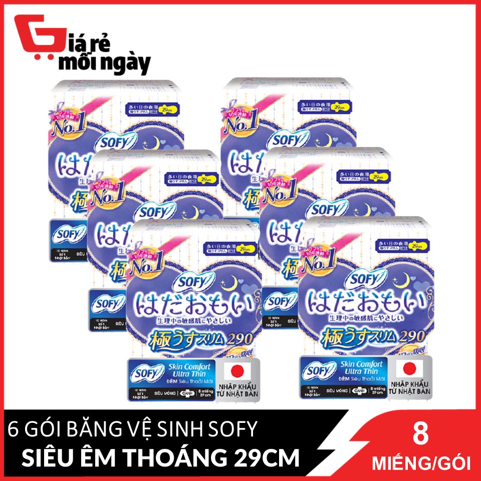 Combo 6 Băng Vệ Sinh Sofy Skin Comfort Ultra Thin 29cm Đêm Siêu Thoải Mái Siêu Mỏng Cánh 8 Miếngx6