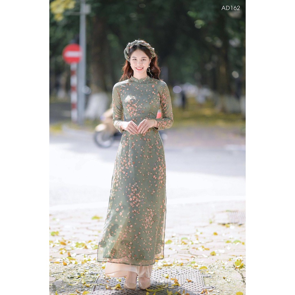 Bộ áo dài voan tơ ý 4 tà thiết kế màu xanh