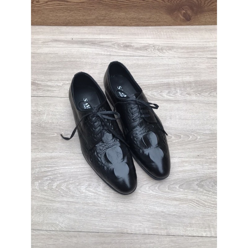 Giày Tây Nam Cao Cấp ✅ Da Bò Mềm Dập Vân Cá Sấu Thời Trang 🎁 Đế Cao Su 3cm 🎁 Dây Buộc- bảo hành 12 thág