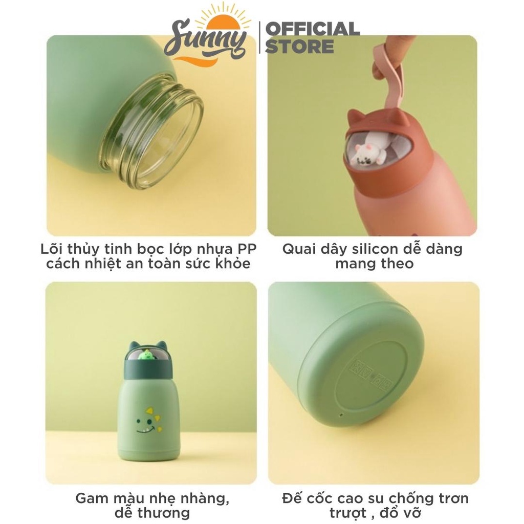 Bình nước giữ nhiệt 360ml nắp thú dễ thương lõi thủy tinh bọc nhựa cách nhiệt BN16