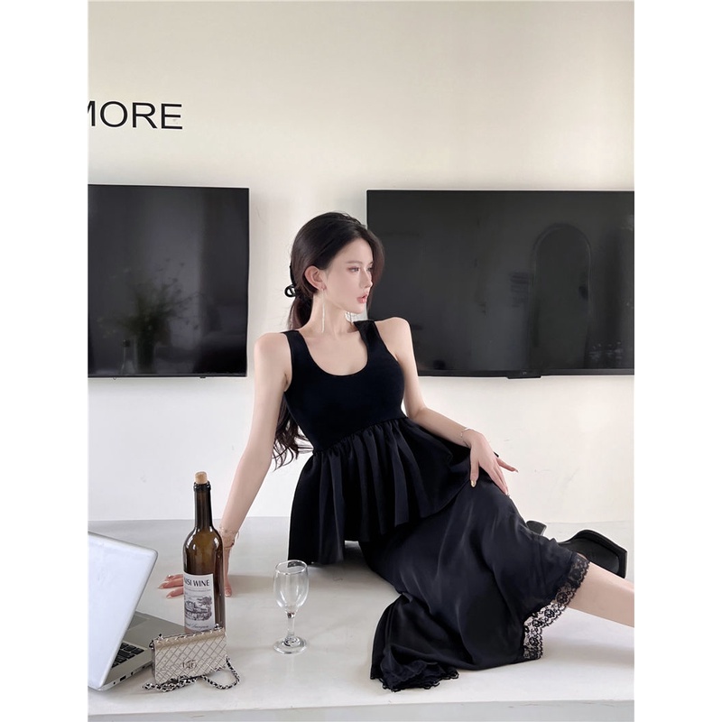 Set Áo Hai Dây Cổ Chữ V + Chân Váy Đuôi Cá Lưng Cao Phối Ren Màu Đen Phong Cách Hàn Quốc Thời Trang Mùa Hè Cho Nữ