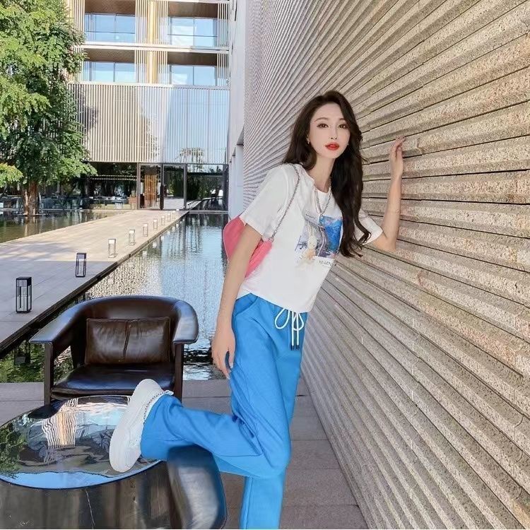 Summer new suit high waist casual ice wide leg pants women loose and versatile short sleeve T-shirt sports two piece set
