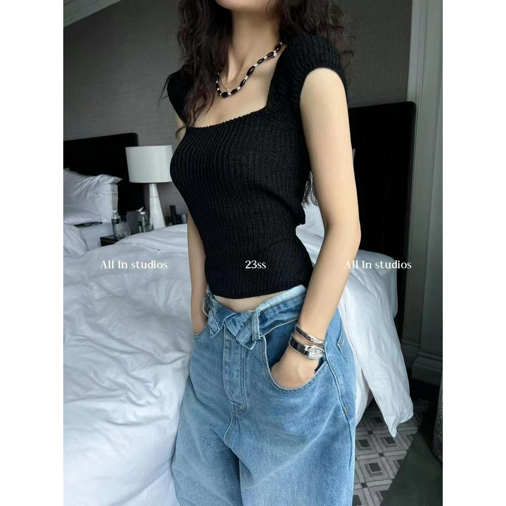 HUANG YOYO Áo Croptop Áo sweater Dệt Kim Cổ Vuông Tay Ngắn Dáng Ôm Thời Trang Mùa Hè Xinh Xắn Cho Nữ