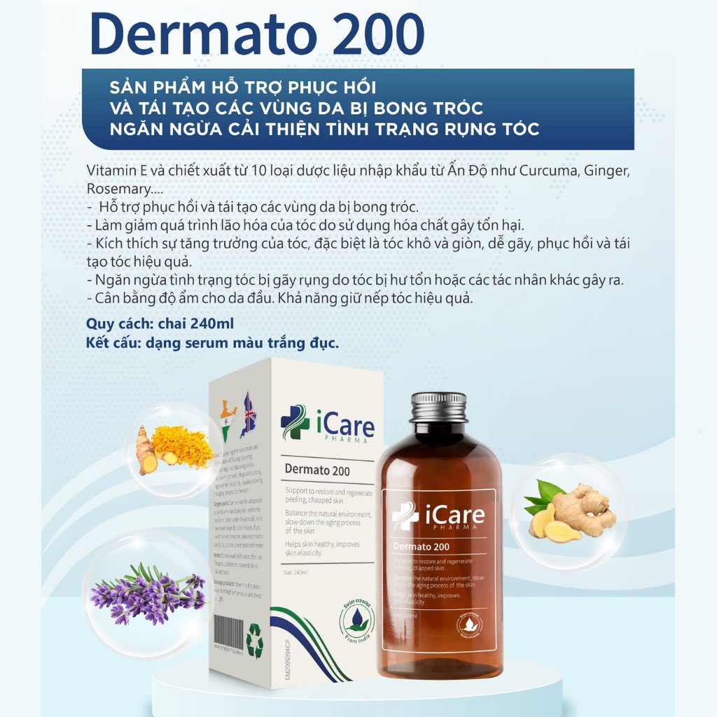 Serum Dermato 200 iCare Pharma Tinh chất ngăn rụng tóc, gàu, nấm da đầu, phục hồi tóc hư tổn 240ml