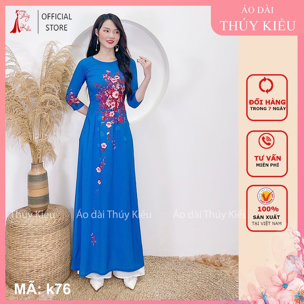 Áo dài in 3D lụa nhật nền xanh hoa hồng eo K76 may sẵn đẹp thiết kế truyền thống