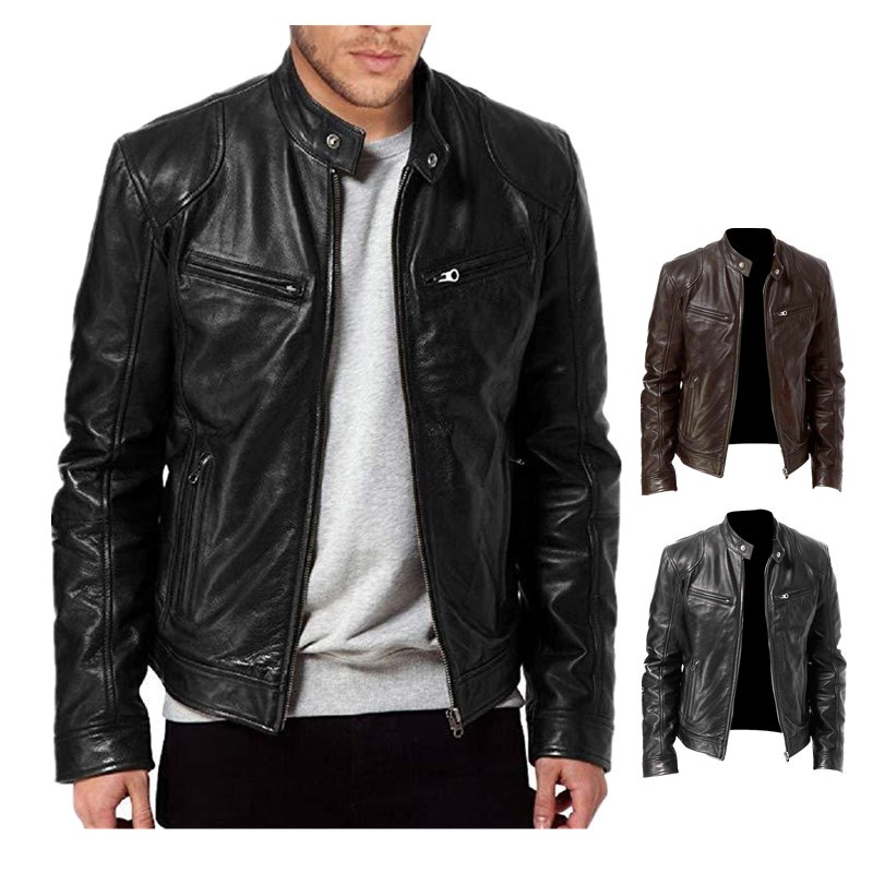 Áo Khoác Da PU Chống Gió Cổ Đứng Phối Dây Rút Phong Cách Âu Mỹ Cho Nam Size S-5XL