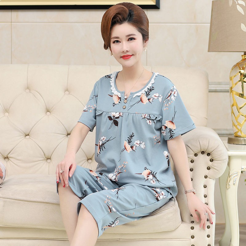 ❅◇Bộ đồ ngủ tay ngắn chất cotton mỏng thời trang mùa hè cho phụ nữ trung niên và lớn tuổi #1