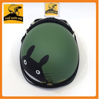 Mũ bảo hiểm nửa đầu in hình Totoro màu xanh rêu Cute,nón bảo hiểm thời trang có kèm kính_Thế Giới Mũ Bảo Hiểm