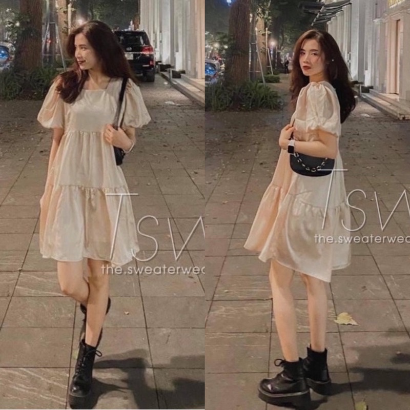 [Ảnh thật/Video]Váy babydoll cộc tay ba tầng chất lụa Hàn Váy thiết kế Hàn Quốc