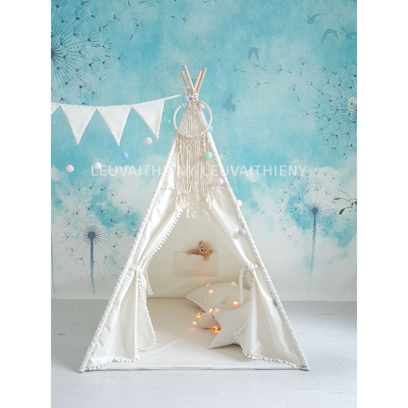 Gối trăng sao mây vuông trắng đã nhồi bông 40x40cm. fullset hoặc lẻ Vải cotton 100% gối trang trí pompom