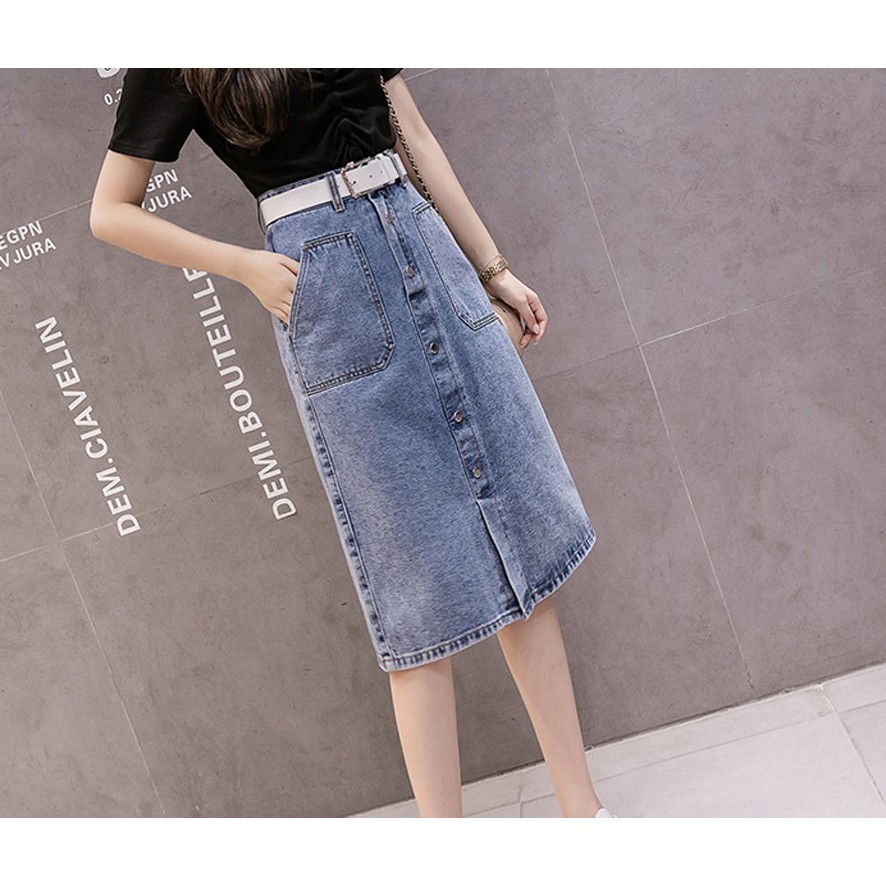 [TRỢ SHIP_CAO CẤP ] Chân váy jean ngang gối 07 C121 vải jean dày, không co dãn, dáng suông, có túi to | BigBuy360 - bigbuy360.vn