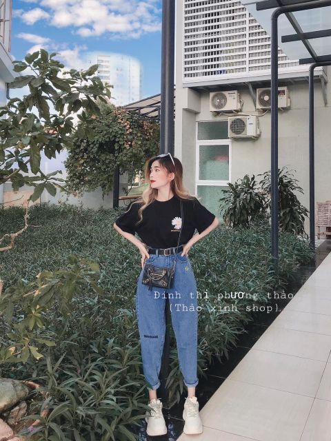 Quần baggy jeans minusone in hoa cúc hot trend, ảnh thật