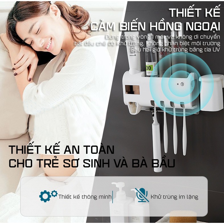 Kệ Đựng Bàn Chải Thông Minh Tự Động Lấy Kem Đánh Răng Kèm 2 Cốc Nam Châm Cao Cấp (Loại Có UV Diệt Khuẩn)