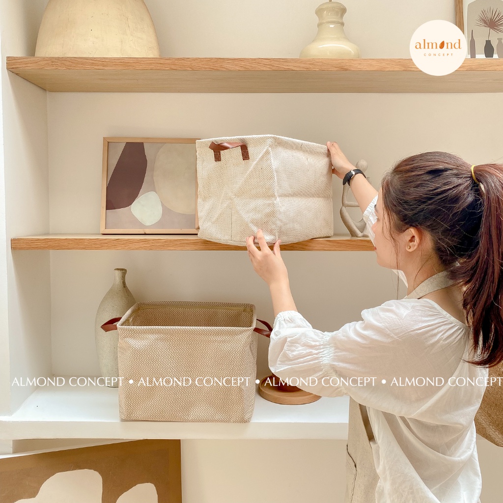 Giỏ đựng đồ Vải Bố Quai Da Wabi-Sabi Siêu bền, đựng quần áo, đồ cá nhân, Homestay - almondconcept