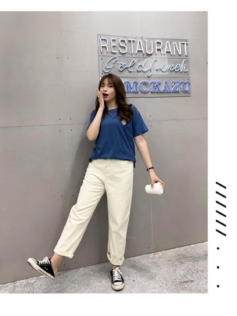 Quần jean baggy big size lưng cao trơn size 65-105kg màu kem, đen