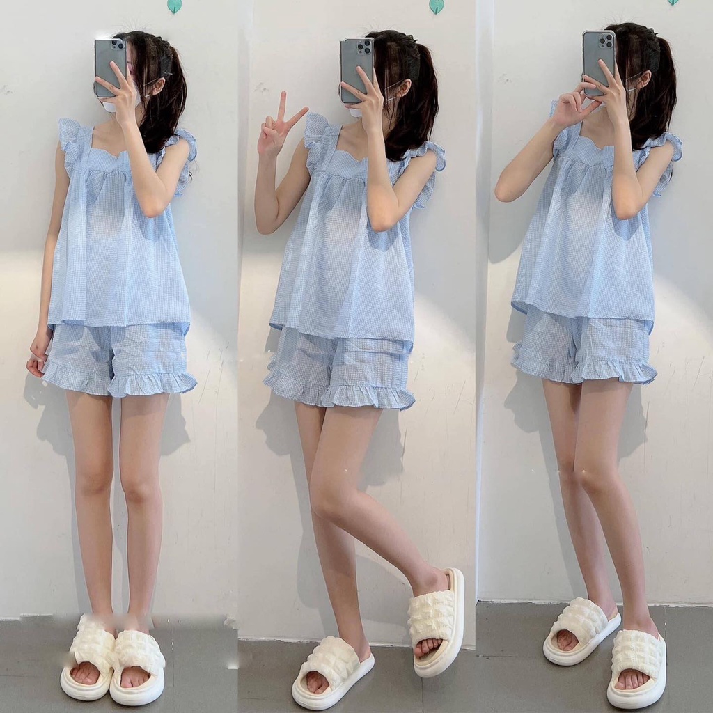 Đồ Bộ Đùi Mang Nhà Thoải Mái | Đồ Bộ Ngủ Hoạ Tiể Kẻ Tay Cánh Tiên| Fmstyle Shop 206140001
