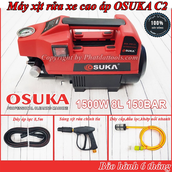 Máy xịt rửa xe cao áp OSUKA C2-Hàng chính hãng-Công suất 1500W-Tặng kèm bình bọt tuyết gắn súng rửa xe