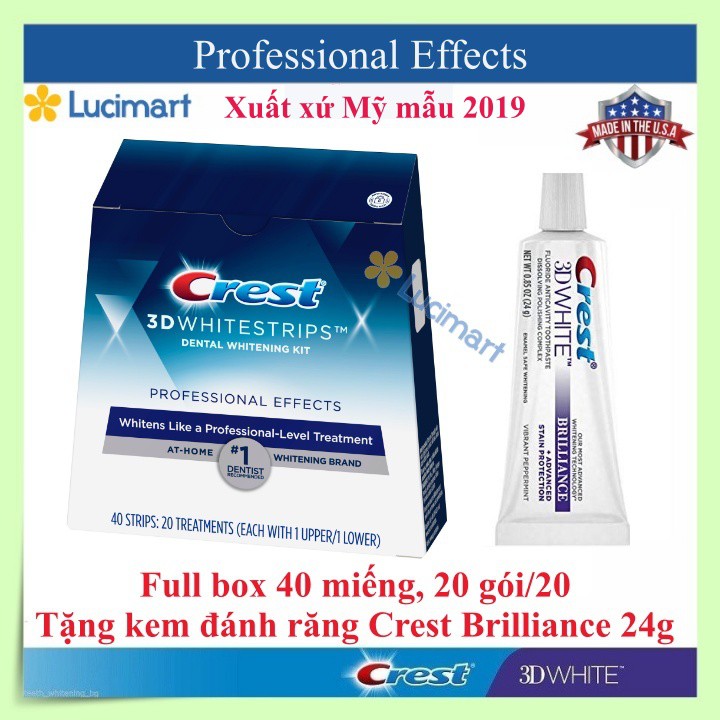 Fullbox hộp 20 gói miếng dán trắng răng Crest 3D Whitestrips Professional Effects [Hàng Mỹ]