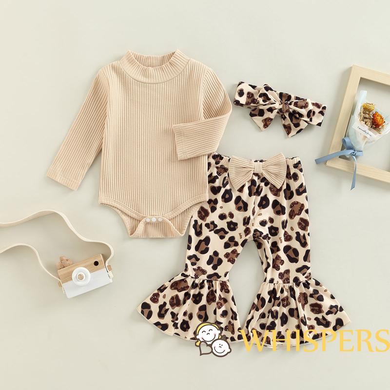 Set Áo Liền Quần Tay Dài + Quần Dài Họa Tiết Da Báo + Băng Đô Nơ Cho Bé Gái