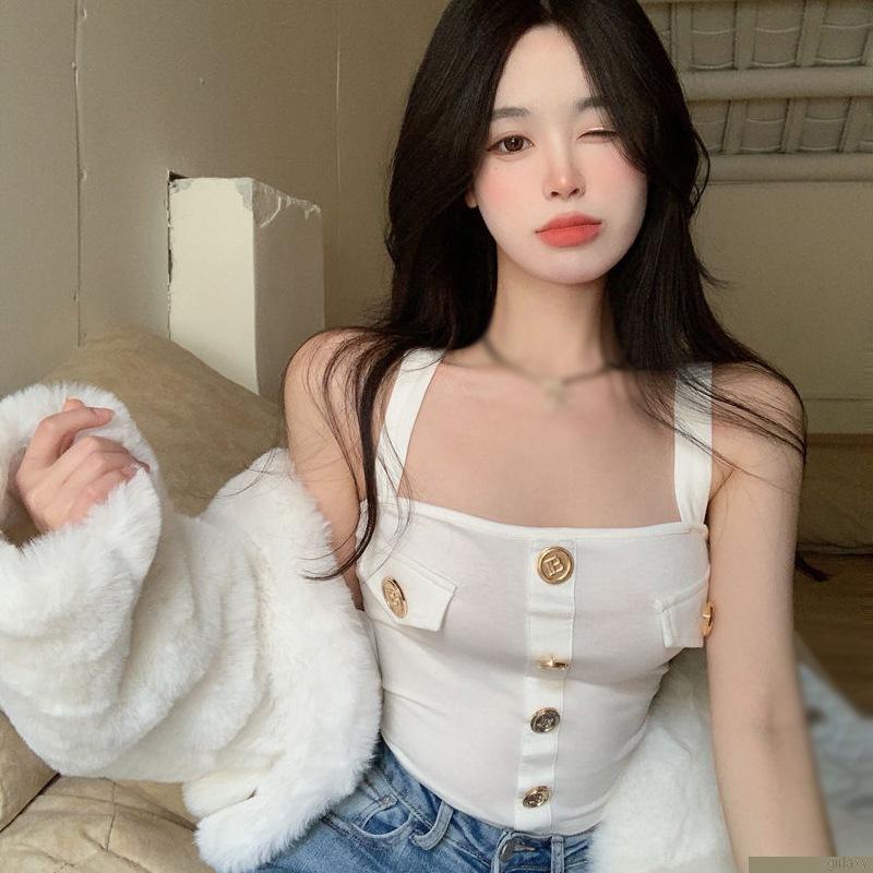 Áo croptop dệt kim không tay phong cách Hàn Quốc đơn giản dành cho nữ
