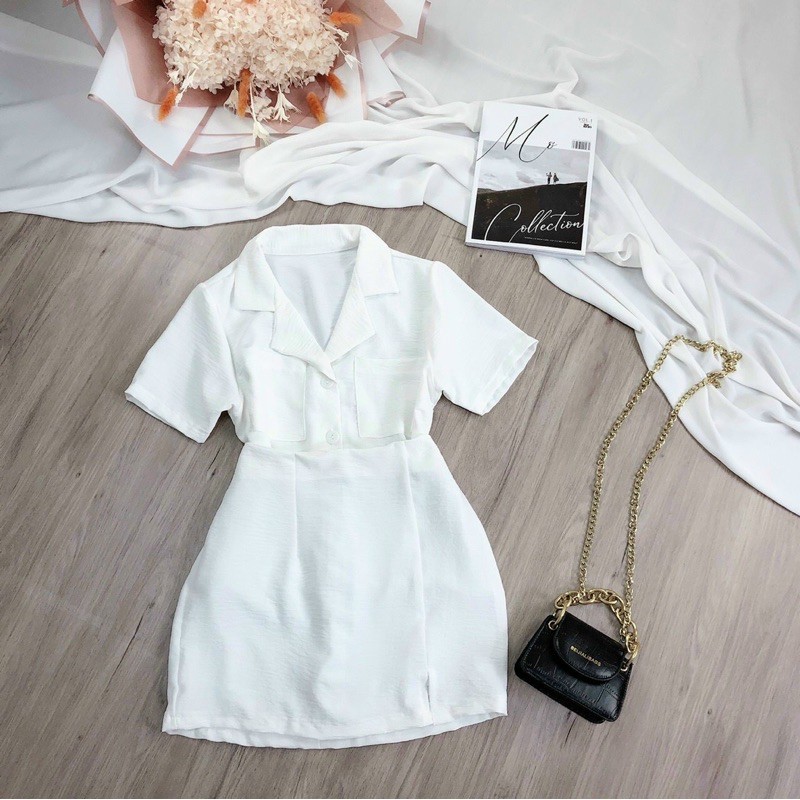 Set áo cổ vest và chân váy chữ a siêu đẹp- hình thật sàn