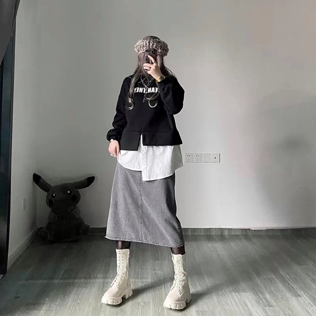 Áo sweater nỉ bông phối layer vạt trắng