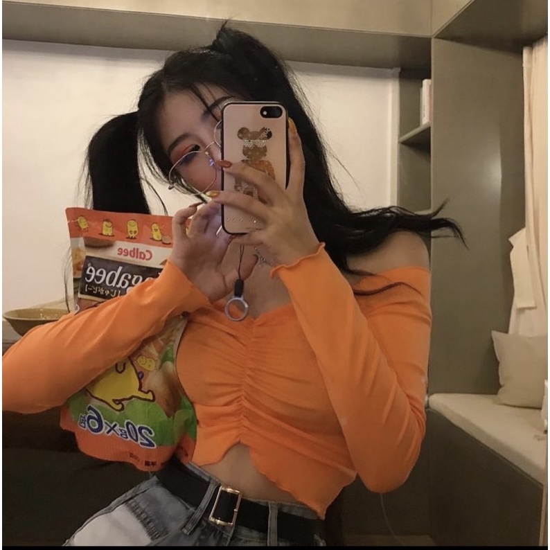Áo Croptop Tay Dài Trễ Vai Nhiều Màu Sắc Nữ Tính Phong Cách Ulzzang Hot Trend 2022