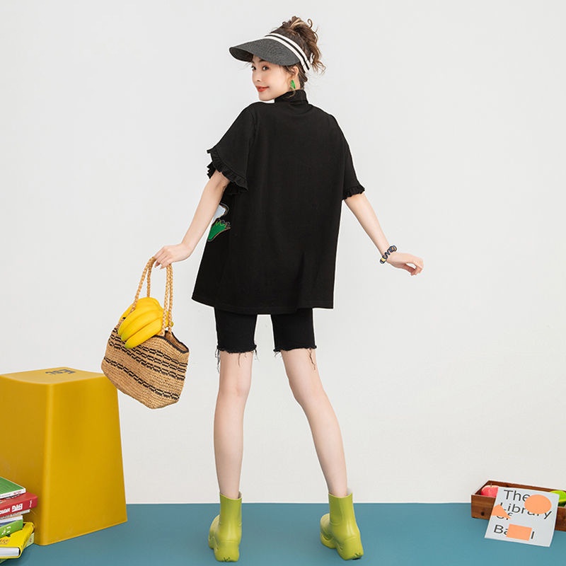 Áo polo Màu Đen Tay Ngắn Ống Loe Bằng cotton In Họa Tiết Hoạt Hình