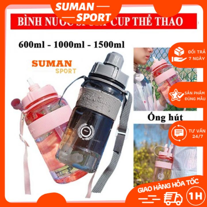 Bình Đựng Nước 2 Lít có chia vạch và thời gian Thể Thao Sports Cup Có Ống Hút, Dây Đeo Tiện Lợi Phong Cách