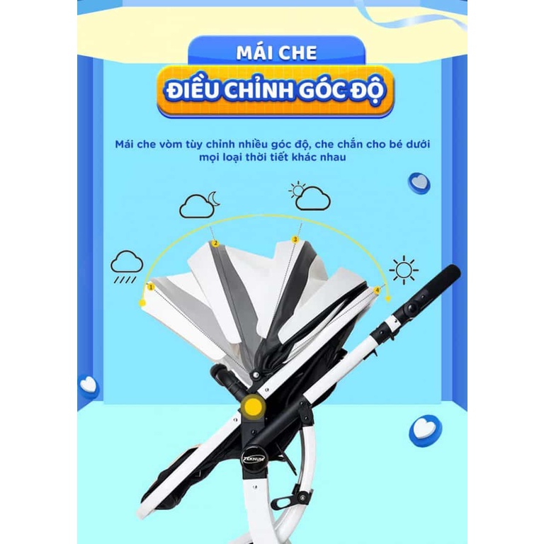 Xe đẩy nôi cho em bé gấp gọn, 2 chiều CHILUX V1.9 cao cấp màu trắng (xe đẩy 2 chiều 3 tư thế) - CAYABE